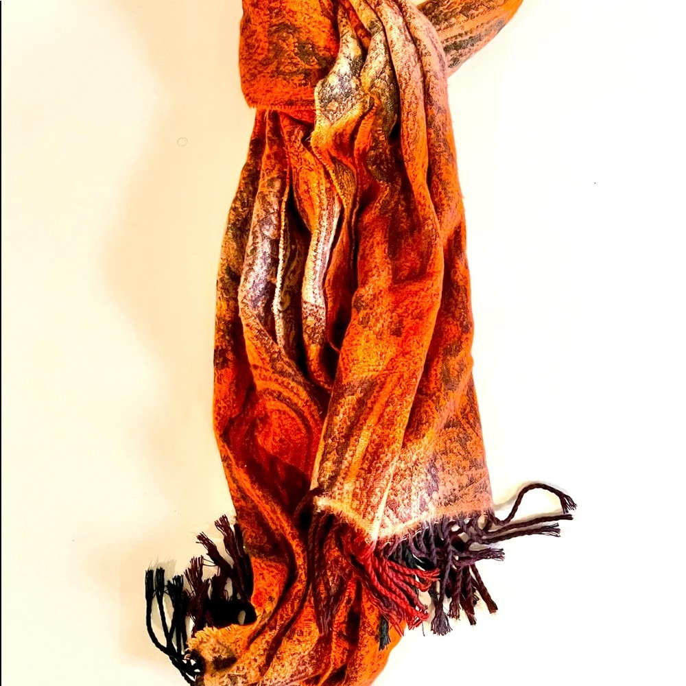V. Fraas Cashmink Scarf Made In Germany Brown Orange Beige Fringe Very Soft 72”